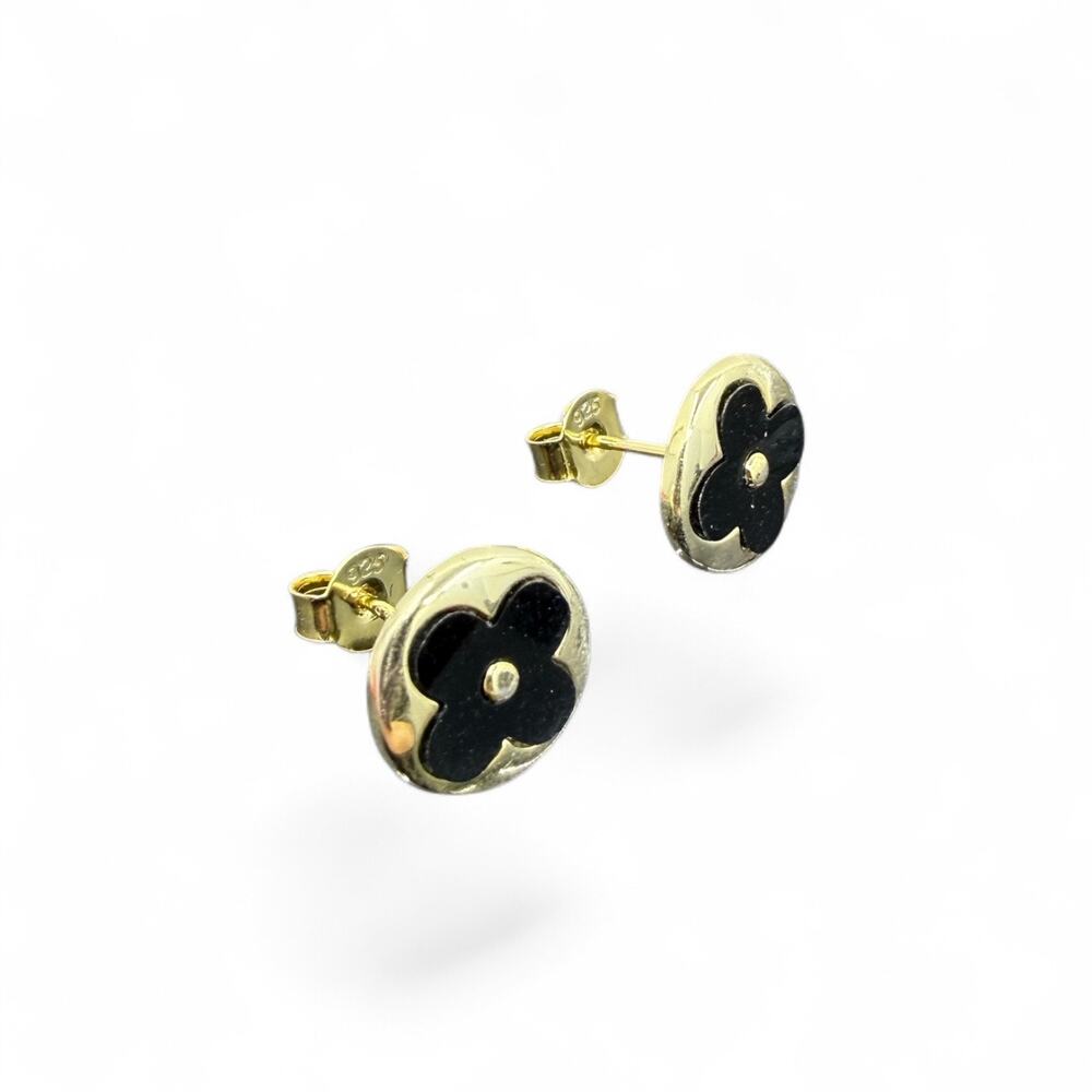 Natural Black Onyx Stud Earrings Gold Plated 925 Sterling Silver - Picture 3 of 7